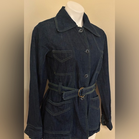 No Tag Denim Tie Blue Jean Jacket With Yellow Thread Collar Button Down Sz 9/10. - Picture 2 of 14